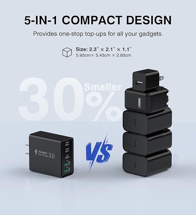 [2-Pack] USB C Wall Charger, 60W Type C Charger Block 5-Port Fast Charging Blocks,3USB C+2USB A Multiport Plug,PD Power Adapter Brick Cube for iPhone 16/15/14/13/12/Pro,iPad,Samsung,for Switch（Black）