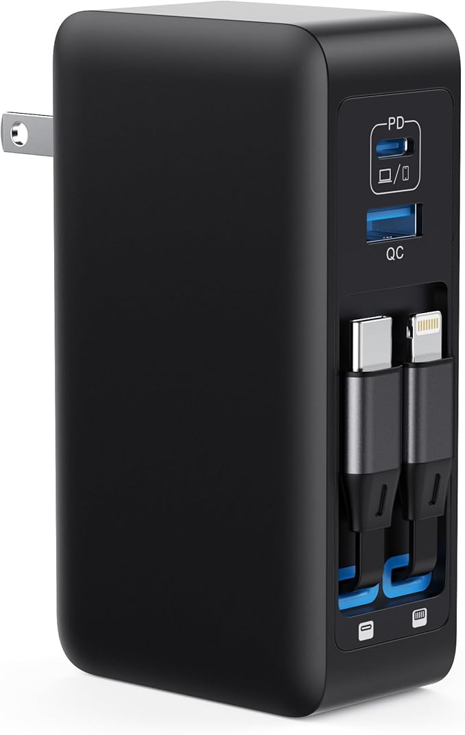 120W USB C Charger Block with 2 Built-in Retractable Cables,4-in-1 GaN IV Foldable Plug Wall Charger Fast Charging Station,PD 65W Laptop Adapter for MacBook/iPad,iPhone 16/15/14,Android (Black)