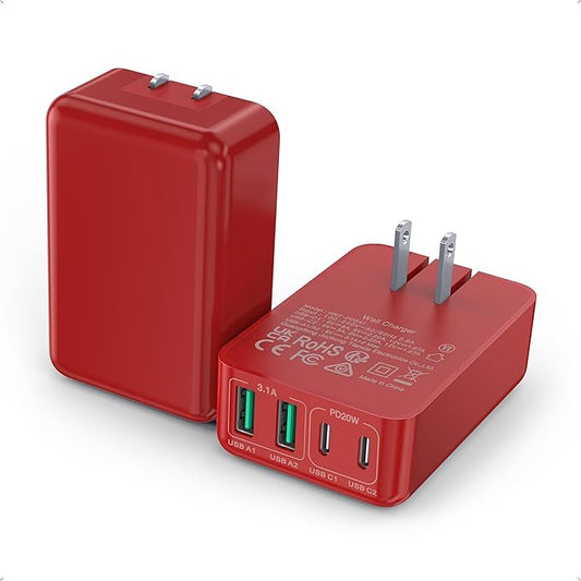 [2-Pack] Flat USB C Wall Charger,40W Fast USB C Charger Block,4-Port PD Power Adapter +QC Wall Plug Multiport Type C Charging Block Cube Compatible with iPhone 16 15 14 13 12 11 Pro Max XR XS 8 7(Red)