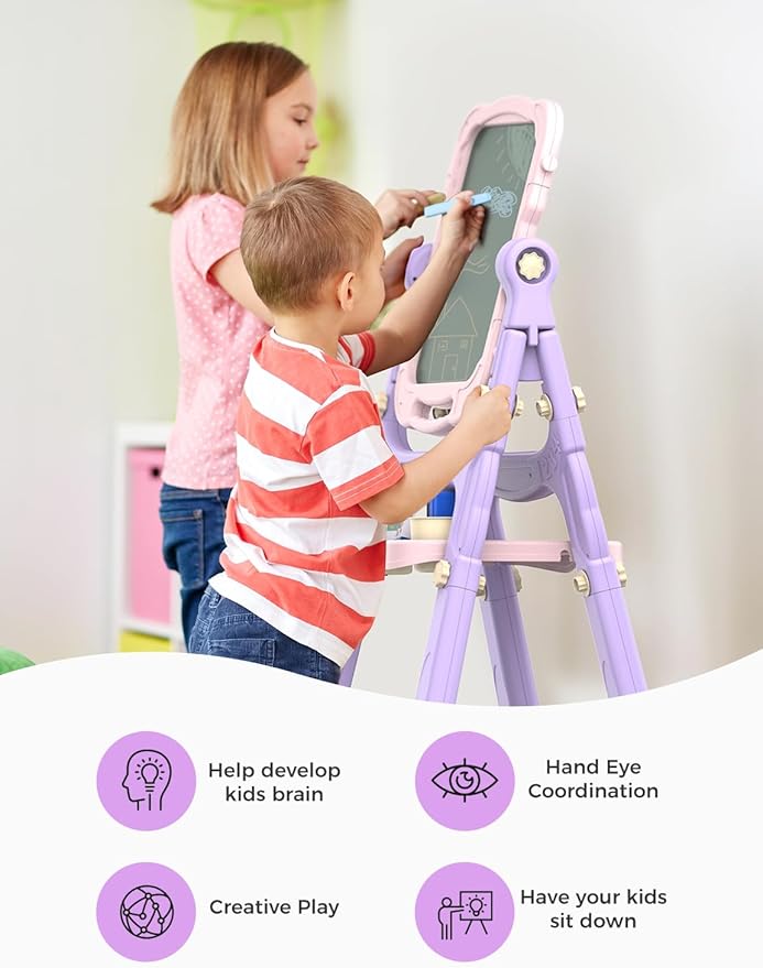 YOHOOLYO Kids Easel Standing Art Easel for Kids, Double Sided Children Pink Purple Easel Magnetic Chalkboard Whiteboard Dry Eraser Board Great Gift for Girls