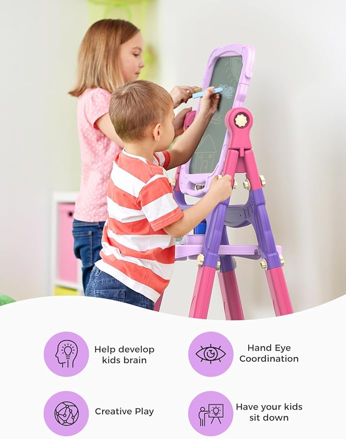 YOHOOLYO Kids Easel Standing Art Easel for Kids, Double Sided Children Pink Purple Easel Magnetic Chalkboard Whiteboard Dry Eraser Board Great Gift for Girls