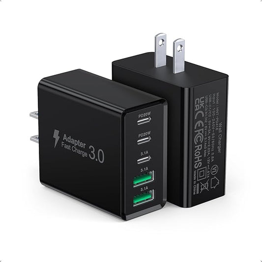 [2-Pack] USB C Wall Charger, 60W Type C Charger Block 5-Port Fast Charging Blocks,3USB C+2USB A Multiport Plug,PD Power Adapter Brick Cube for iPhone 16/15/14/13/12/Pro,iPad,Samsung,for Switch（Black）