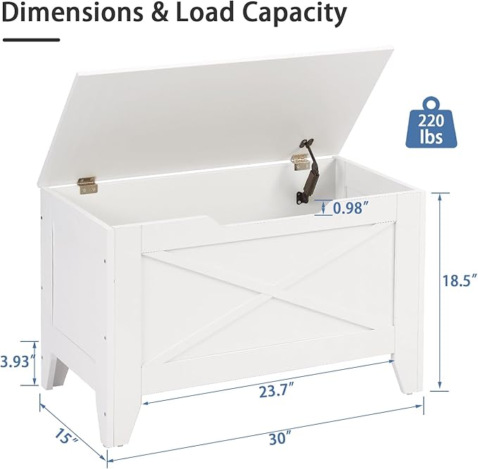 VECELO 30" Storage Chest with Lift Top Storage, Farmhouse Style Ottoman with Handwoven Wicker Cushion, Safety Hinges, Ideal for Entryway, Bedroom, Living Room, Ivory White
