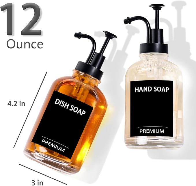 12oz Dish Soap Dispenser for Kitchen, Hand Glass Soap Dispenser Set with Pump, Tray, Funnel for Bathroom, Shower, Laundry, Liquid, Lotion (Black 2 Pack Clear Bottles with 12 Stickers)