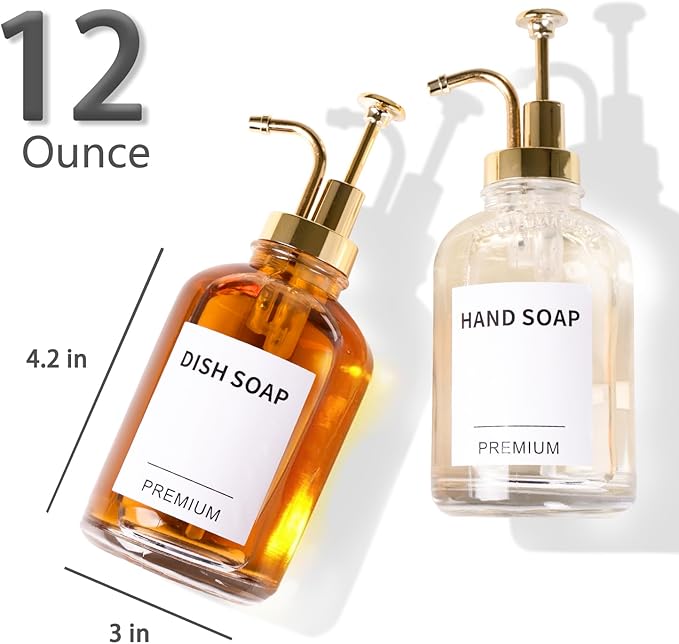 12oz Dish Soap Dispenser for Kitchen, Hand Glass Soap Dispenser Set with Pump, Tray, Funnel for Bathroom, Shower, Laundry, Liquid, Lotion (Gold 2 Pack Clear Bottles with 12 Stickers)