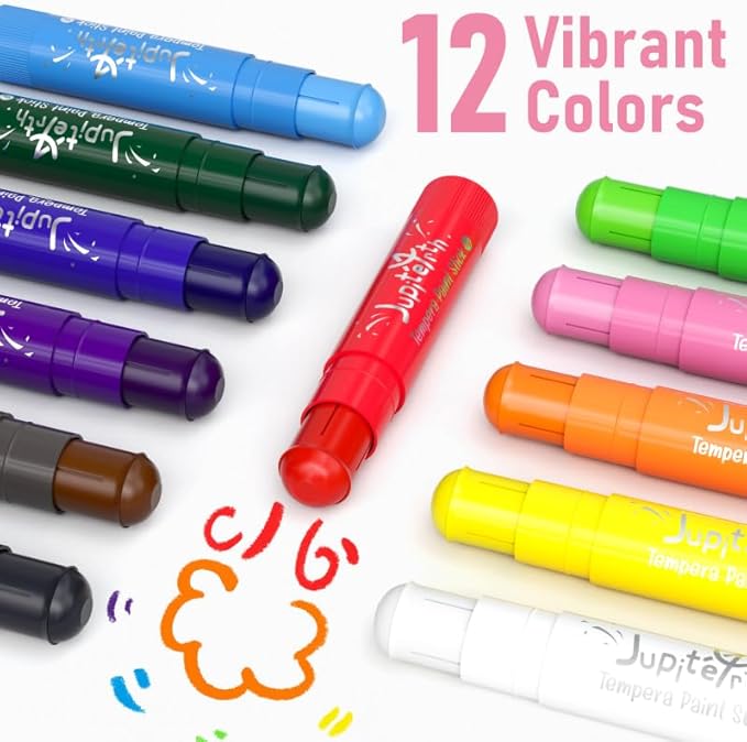 12 Colors Tempera Paint Sticks with 120 PDF Coloring Pages and 30 Stickers, Quick Drying, Smooth, Non-Toxic and Washable Paint Sticks for Kids Drawing on Pumpkin, Wood, Rock, Glass