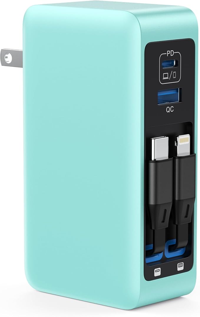 120W USB C Charger Block with 2 Built-in Retractable Cables,4-in-1 GaN IV Foldable Plug Wall Charger Fast Charging Station,PD 65W Laptop Adapter for MacBook/iPad,iPhone 16/15,Galaxy S24,Android-Green