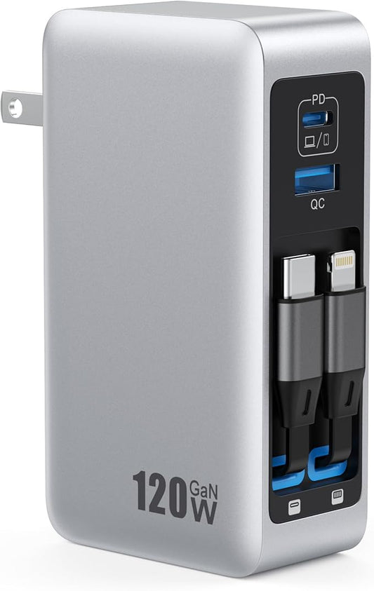 120W USB C Charger Block with 2 Built-in Retractable Cables,4-in-1 GaN IV Foldable Plug Wall Charger Fast Charging Station,PD 65W Laptop Adapter for Macbook/iPad,iPhone 16/15/14,Galaxy S24,Android etc