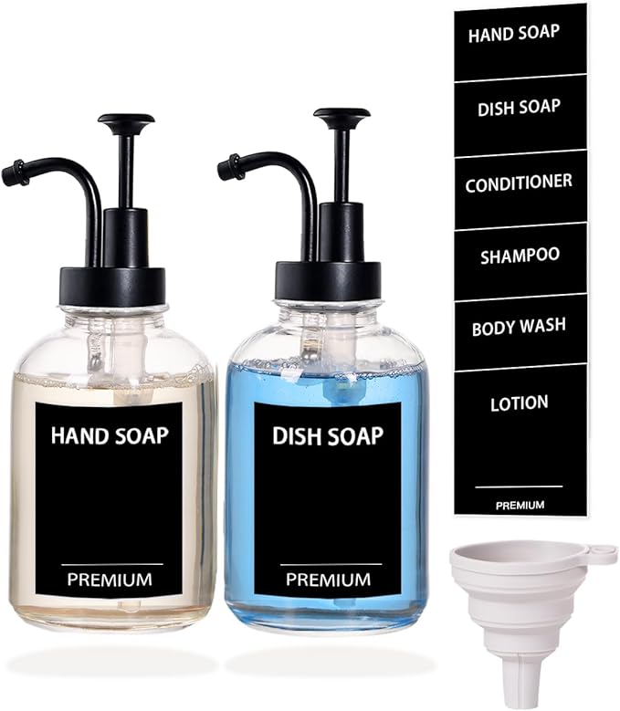 12oz Dish Soap Dispenser for Kitchen, Hand Glass Soap Dispenser Set with Pump, Tray, Funnel for Bathroom, Shower, Laundry, Liquid, Lotion (Black 2 Pack Clear Bottles with 12 Stickers)