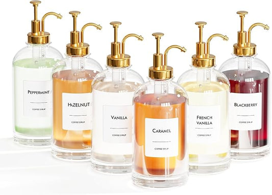 16.9 oz/500 ml Coffee Syrup Dispenser Set - 6 Glass Bottles with Gold Pumper and Syrup Labels - Precise Dispensing and Stylish Addition to Coffee Shop, Cafe or Home Bar