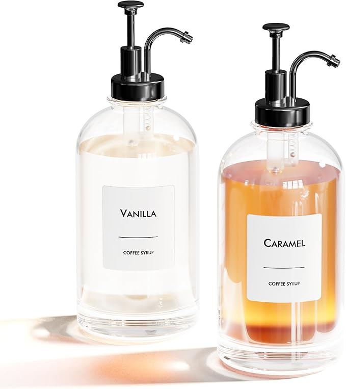 16.9 oz/500 ml Coffee Syrup Dispenser Set - 2 Glass Bottles with Black Pumper and Syrup Labels - Precise Dispensing and Stylish Addition to Coffee Shop, Cafe or Home Bar