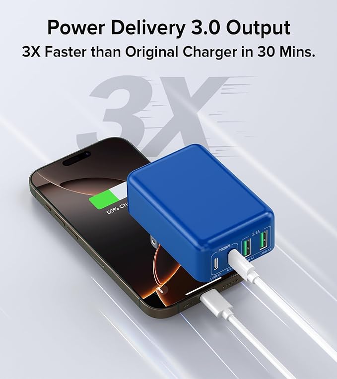 [2-Pack] Flat USB C Wall Charger,40W Fast USB C Charger Block,4-Port PD Power Adapter +QC Wall Plug Multiport Type C Charging Block Cube Compatible with iPhone 16 15 14 13 12 11 Pro Max XR XS 8(Blue)