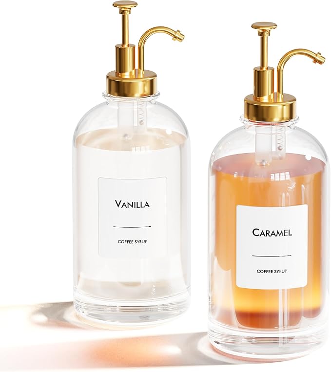 16.9 oz (500 ml) Coffee Syrup Dispenser Set - 2 Glass Bottles with Gold Pumper and Syrup Labels - Precise Dispensing and Stylish Addition to Coffee Shop, Cafe or Home Bar