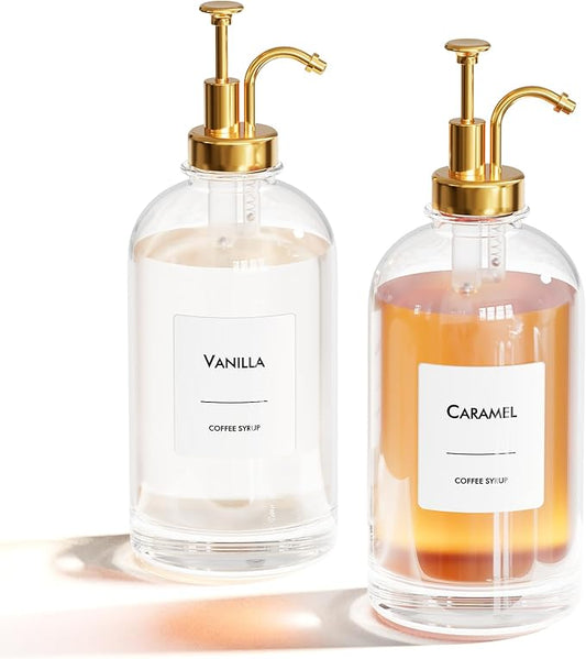 16.9 oz (500 ml) Coffee Syrup Dispenser Set - 2 Glass Bottles with Gold Pumper and Syrup Labels - Precise Dispensing and Stylish Addition to Coffee Shop, Cafe or Home Bar