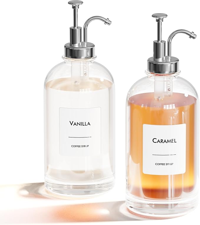 16.9 oz/500 ml Coffee Syrup Dispenser Set - 2 Glass Bottles with Silver Pumper and Syrup Labels - Precise Dispensing and Stylish Addition to Coffee Shop, Cafe or Home Bar