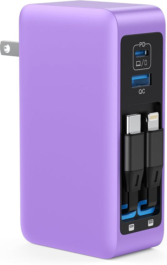 120W USB C Charger Block with 2 Built-in Retractable Cables,4-in-1 GaN IV Foldable Plug Wall Charger Fast Charging Station,PD 65W Laptop Adapter for Macbook/iPad,iPhone 16/15,Galaxy S24,Android-Purple