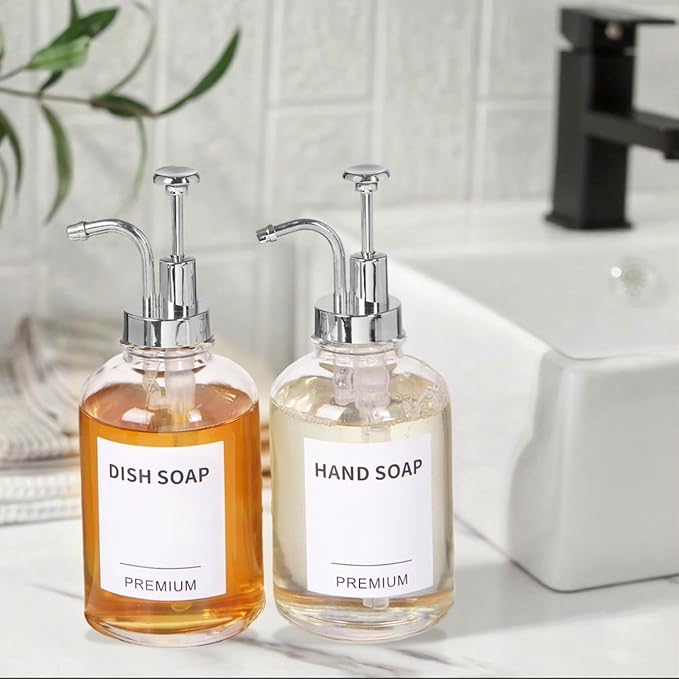 12oz Dish Soap Dispenser for Kitchen, Hand Glass Soap Dispenser Set with Pump, Tray, Funnel for Bathroom, Shower, Laundry, Liquid, Lotion (Silver 2 Pack Clear Bottles with 12 Stickers)