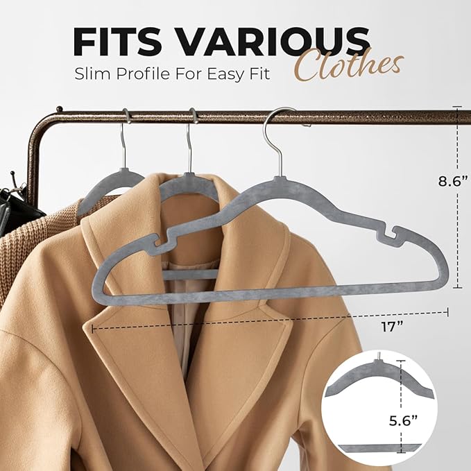 100 Pack Velvet Hanger for Shirt Pants Dresses Skirts Suits Jackets - Slim Space Saving Design - Standard Coat Hanger - Sturdy & Durable Design with Shoulder Grooves Hook - Grey