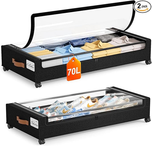 Yecaye Under Bed Storage with Wheels 2Pack, 70L Larger Capacity Under Bed Storage Containers, Underbed Shoe Storage Organizer, Rolling Under Bed Metal Drawers for Clothes, Blankets(35.5 x 17 x 6.7in)
