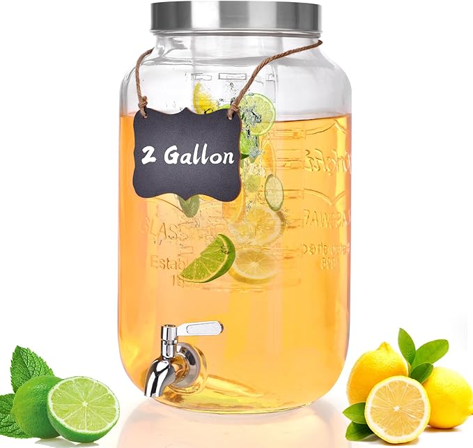 2 Gallon Glass Drink Dispenser, Drink Dispenser for Parties, Beverage Dispenser with Fruit Infuser, 100% Leakproof Spigot, Ideal for Lemonade, Juice, Iced Tea, Laundry Detergent Dispenser