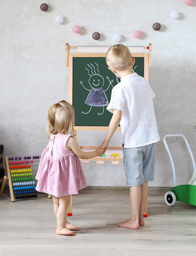 YOHOOLYO Kids Easel Wooden Children Art Easel Paper Roll,Double Sided Magnetic Whiteboard Chalkboard Dry Eraser Adjustable Height for Boys Girls Gifts