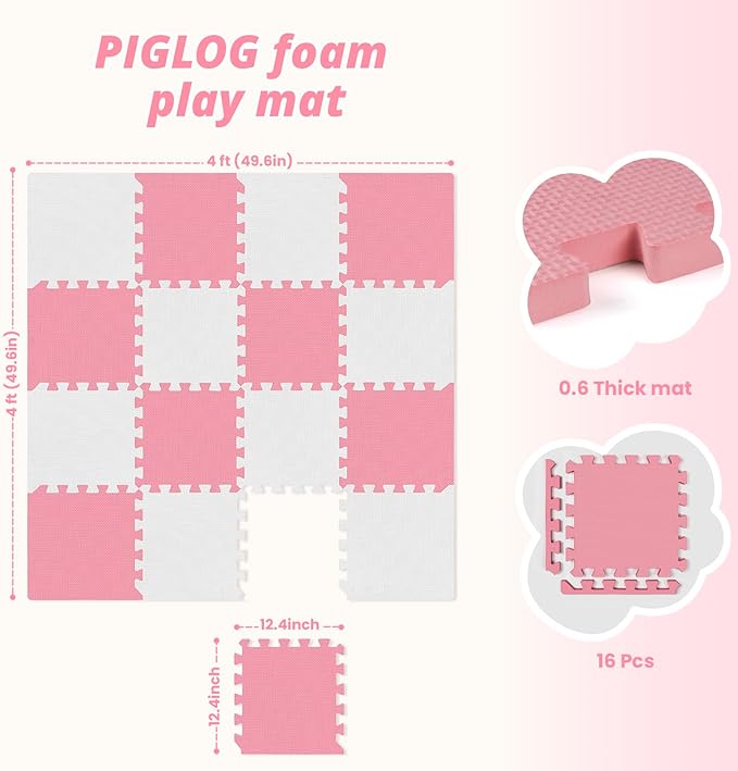 16 Tiles Baby Play Mat for Floor, EVA Foam Baby Floor Play Mat with 0.6 Inch Thick Interlocking Foam Tiles, Foam Floor Tiles for Baby, Toddlers and Kids (Grey-White- Pink, 16PCS)