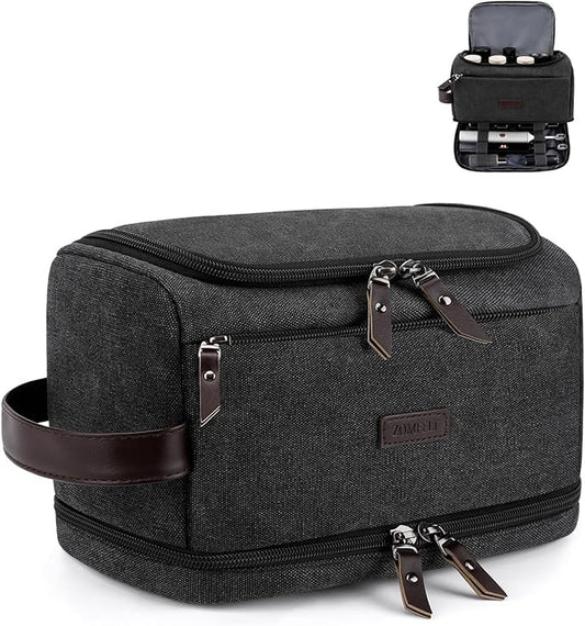 ZOMFELT Toiletry Bag for Men, Dual Layers Canvas Travel Toiletries Bag, Water-Resistant Travel Organizer with Elastic, Large Capacity Dopp Kit, Hanging Shaving Hygiene Bag, Black