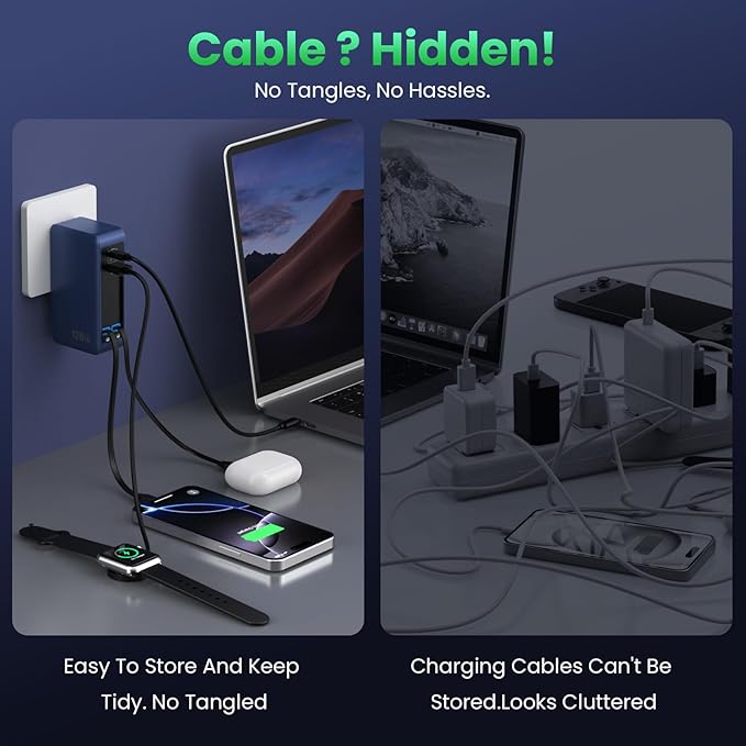 120W USB C Charger Block with 2 Built-in Retractable Cables,4-in-1 GaN IV Foldable Plug Wall Charger Fast Charging Station,PD 65W Laptop Adapter for MacBook/iPad,iPhone 16/15/14,Android (Dark Blue)