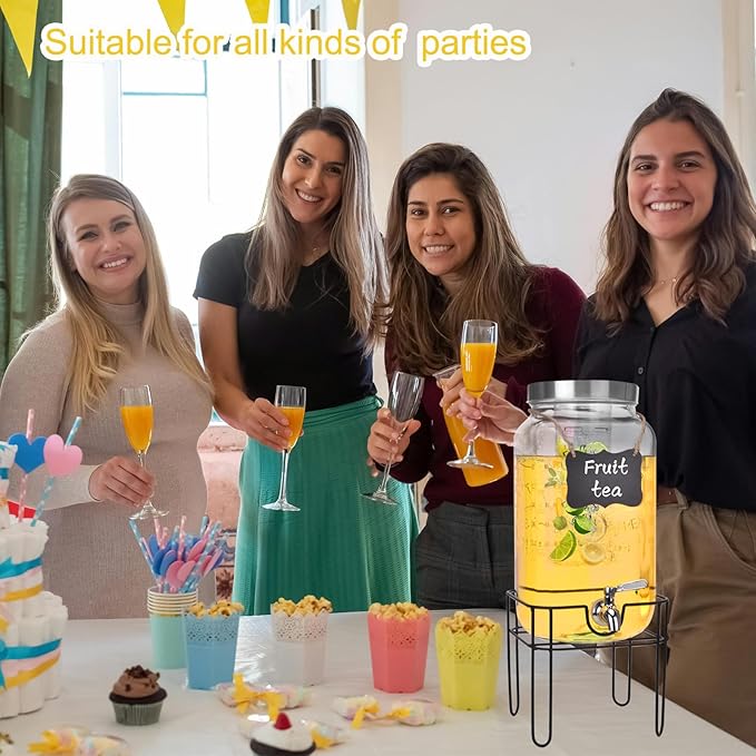 2 Gallon Glass Drink Dispenser, Drink Dispenser for Parties, Beverage Dispenser with Stand, Fruit Infuser, 100% Leakproof Spigot, Ideal for Lemonade, Juice, Iced Tea, Laundry Detergent Dispenser