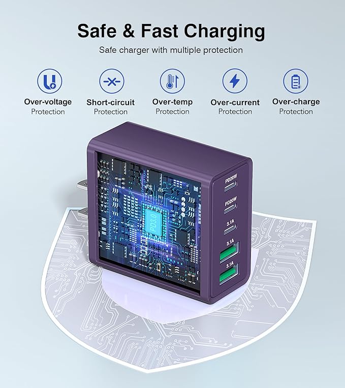 [2Pack] 60W USB C Plug,5-Port Fast Charger Block PD+QC Cube Wall Charging Box Brick for iPhone 16/15/14/13 for Samsung Galaxy S24/S23/S22/S21+/S21 Ultra, Magsafe Wireless Charger,(Purple)