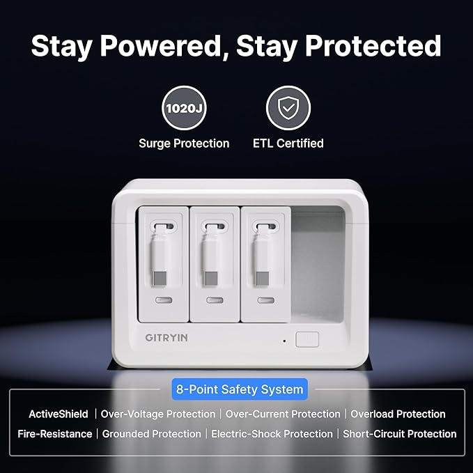 11-in-1 Desktop Charging Station with 3 Retractable Wall Chargers, 40W USB-C Power Strip with 5 AC, 3 USB C, 3 Type-C 31.5in Cables, Extension Cord with 1020J Surge Protection for Home Office