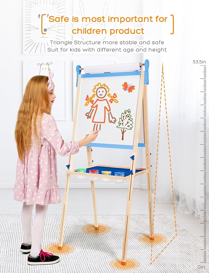 YOHOOLYO Kids Easel Wooden Children Art Easel Paper Roll,Double Sided Magnetic Whiteboard Chalkboard Dry Eraser Adjustable Height for Boys Girls Gifts