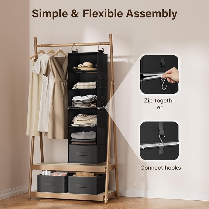 Pipishell 6-Shelf Hanging Closet Organizer, Hanging Shelves with 2 Separable 3-Tier Shelves, Closet Shelves Organizer with 3 Removable Drawers for Wardrobe, Nursery, Baby Clothes Organizer, Black