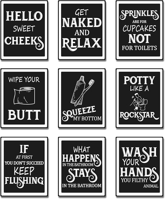 Zonon 9 Pieces Bathroom Wall Decor, Funny Vintage Bathroom Signs Washroom Quotes Sayings Art Prints Washroom Posters for Wall Restroom Toilet Decoration Pictures, Unframed(White Font)