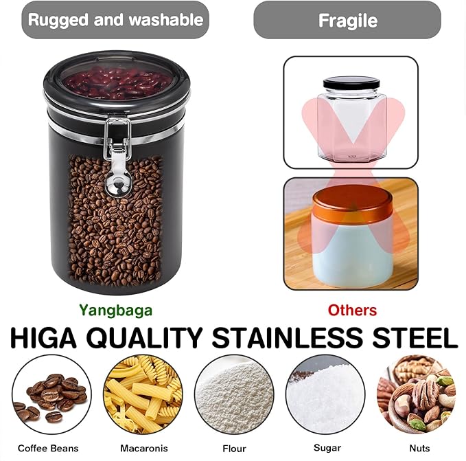 Yangbaga Ground Coffee Storage Container with Shelf, 2×63OZ 304 Stainless Steel Coffee and Sugar Container,Airtight Coffee Canisters with Scoop, Food Storage Jars for Kitchen,Nuts,Tea,Sugar