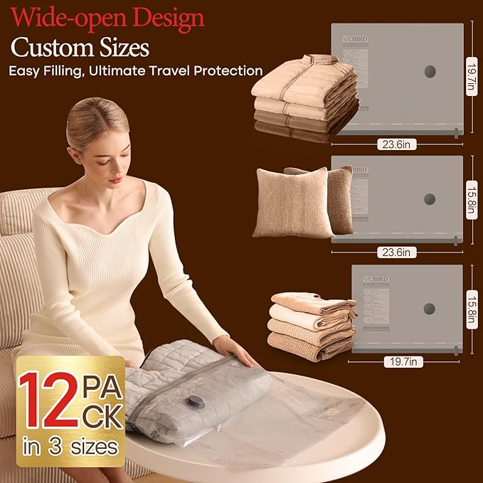 12 Pack Vacuum Bags for Travel with Rechargeable air Pump, Carry-on Size Vacuum Seal Bags for Luggage and Suitcase Compression, Space Saver for Clothes and Clothing Travel