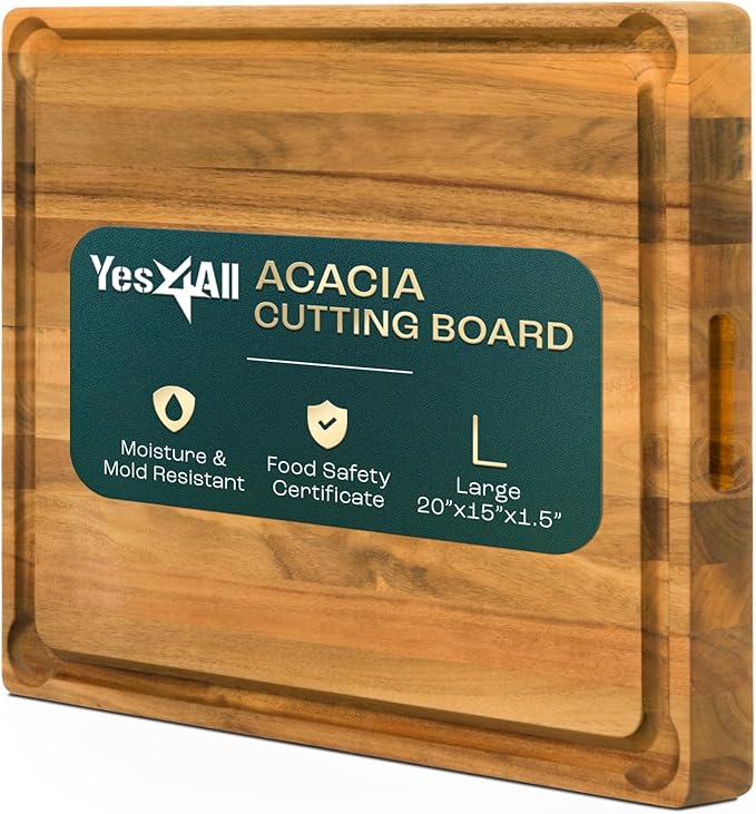 Yes4All Durable Acacia Cutting Boards for Kitchen, [20''Lx15''Wx1.5” Thick] Large Edge Grain Cutting Board, Pre Oiled Wood Cutting Boards, Thick Chopping Board w/Juice Grooves and Easy Grip Handle