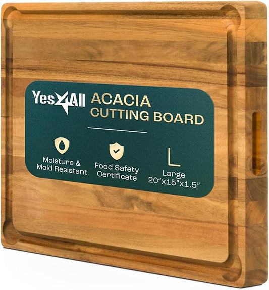 Yes4All Durable Acacia Cutting Boards for Kitchen, [20''Lx15''Wx1.5” Thick] Large Edge Grain Cutting Board, Pre Oiled Wood Cutting Boards, Thick Chopping Board w/Juice Grooves and Easy Grip Handle