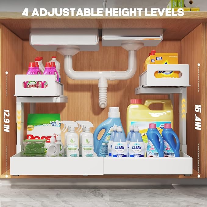 1 Pack Expandable Under Sink Organizers Storage With Upgrade Ball-Bearing Slide Tracks,2-Tier Pull Out Under Cabinet Organizer Height Adjustable,Not Suitable For Cabinets With Partitions In The Middle