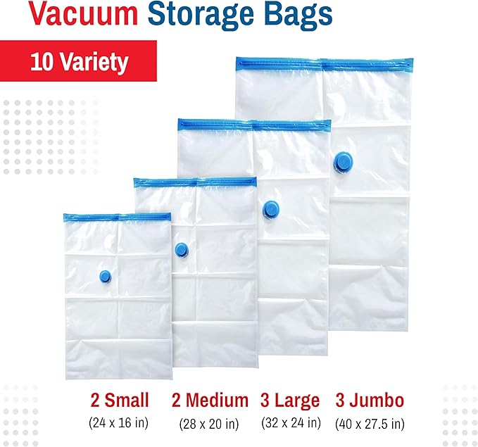 10-Pack Variety Vacuum Storage Bags for Comforters, Blankets & Clothes – Vacuum Sealed Compression Bags with Hand Pump – Space Saver Storage Bags for Bedding,Travel & Organization (2S, 2M, 3L & 3XL)