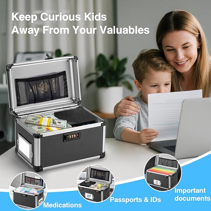 13.4 x 8 x 8.7 Inch Lockable Storage Box with Combination Lock, Portable Safe for Documents, Medicine, Cash & Valuables, Medicine Lock Box with Label Slot for Home, Office & Travel - Black