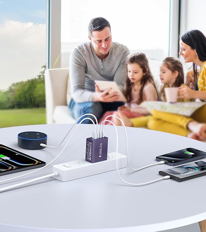 [2Pack] 60W USB C Plug,5-Port Fast Charger Block PD+QC Cube Wall Charging Box Brick for iPhone 16/15/14/13 for Samsung Galaxy S24/S23/S22/S21+/S21 Ultra, Magsafe Wireless Charger,(Purple)