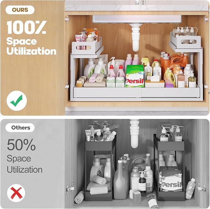 1 Pack-19"-32"W Expandable Under Sink Organizer With Upgrade Ball-Bearing Slide,2-Tier Pull Out Under Cabinet Organizer Height Adjustable,Not Suitable For Cabinets With Partitions In The Middle