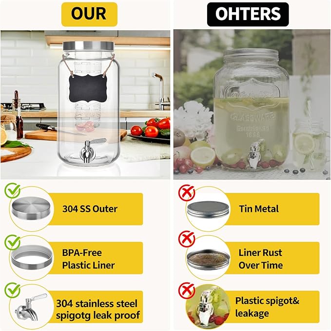 2 Gallon Glass Drink Dispenser, Drink Dispenser for Parties, Beverage Dispenser with Fruit Infuser, 100% Leakproof Spigot, Ideal for Lemonade, Juice, Iced Tea, Laundry Detergent Dispenser