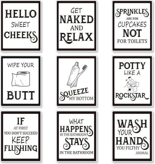 Zonon 9 Pieces Bathroom Wall Decor, Funny Vintage Bathroom Signs Washroom Quotes Sayings Art Prints Washroom Posters for Wall Restroom Toilet Decoration Pictures, Unframed(Black Font)