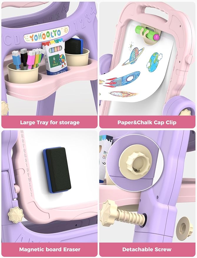 YOHOOLYO Kids Easel Standing Art Easel for Kids, Double Sided Children Pink Purple Easel Magnetic Chalkboard Whiteboard Dry Eraser Board Great Gift for Girls