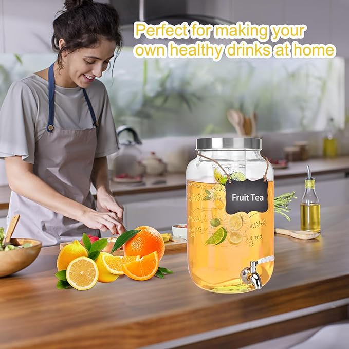 2 Gallon Glass Drink Dispenser, Drink Dispenser for Parties, Beverage Dispenser with Fruit Infuser, 100% Leakproof Spigot, Ideal for Lemonade, Juice, Iced Tea, Laundry Detergent Dispenser