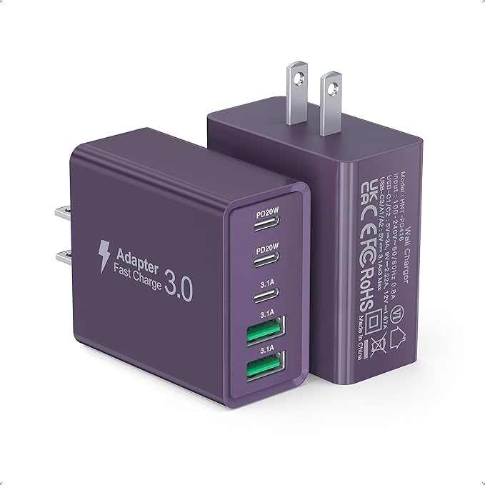 [2Pack] 60W USB C Plug,5-Port Fast Charger Block PD+QC Cube Wall Charging Box Brick for iPhone 16/15/14/13 for Samsung Galaxy S24/S23/S22/S21+/S21 Ultra, Magsafe Wireless Charger,(Purple)