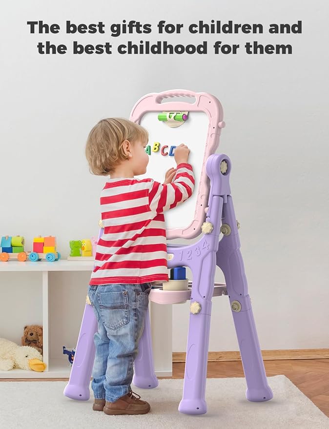 YOHOOLYO Kids Easel Standing Art Easel for Kids, Double Sided Children Pink Purple Easel Magnetic Chalkboard Whiteboard Dry Eraser Board Great Gift for Girls