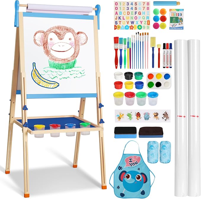 YOHOOLYO Kids Easel Wooden Children Art Easel Paper Roll,Double Sided Magnetic Whiteboard Chalkboard Dry Eraser Adjustable Height for Boys Girls Gifts